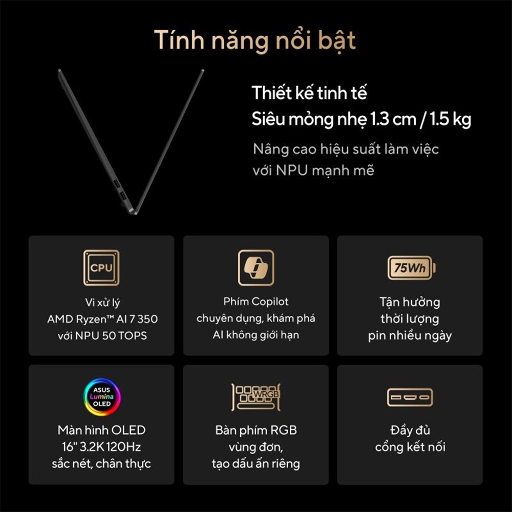 Laptop ASUS Zenbook S16 UM5606KA-RK127WS (Ryzen AI 7 350, Radeon Graphics, Ram 24GB LPDDR5X, SSD 1TB, 16 Inch OLED 3K 120Hz 100% DCI-P3, Win11/OFFICE2024, Trắng)