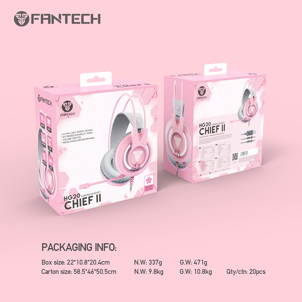 Tai Nghe Gaming Chụp Tai Có Dây Fantech HG20 CHIEF II Màu Hồng LED Trắng Nổi Bật Mic Chống Ồn