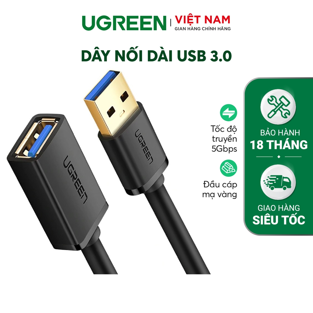 Dây nối dài USB 3.0 UGREEN US129 - Tốc độ truyền 5Gbps, lõi đồng nguyên chất chống nhiễu - Truyền tải tín hiệu nhanh và ổn định