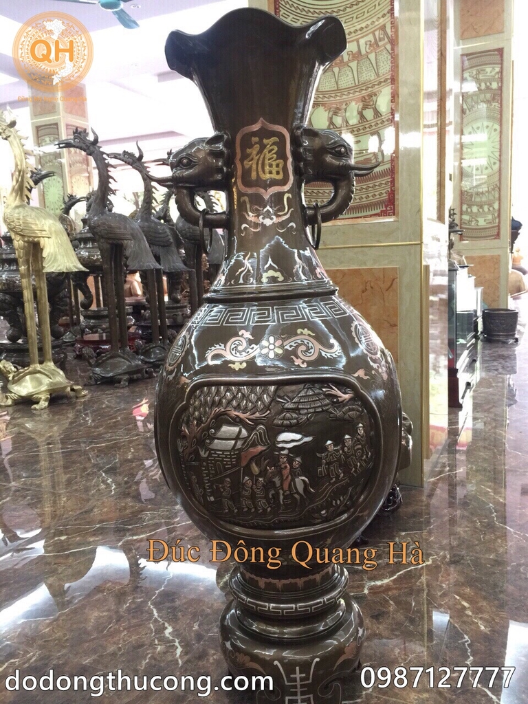 LỌ TAI VOI 1M40 ĐỒNG ĐỎ KHẢM TAM KHÍ 1 CHỮ VÀNG