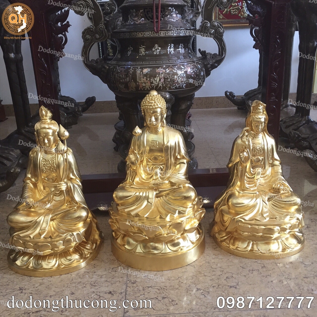 TƯỢNG TÂY PHƯƠNG TAM THÁNH ĐỒNG ĐỎ CAO 60CM THIẾP VÀNG 9999