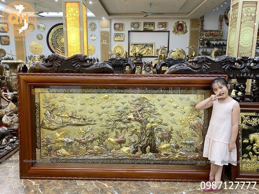 TRANH BÁCH HẠC QUẦN TÙNG TAM KHÍ 2M3 KHUNG GỖ GỤ