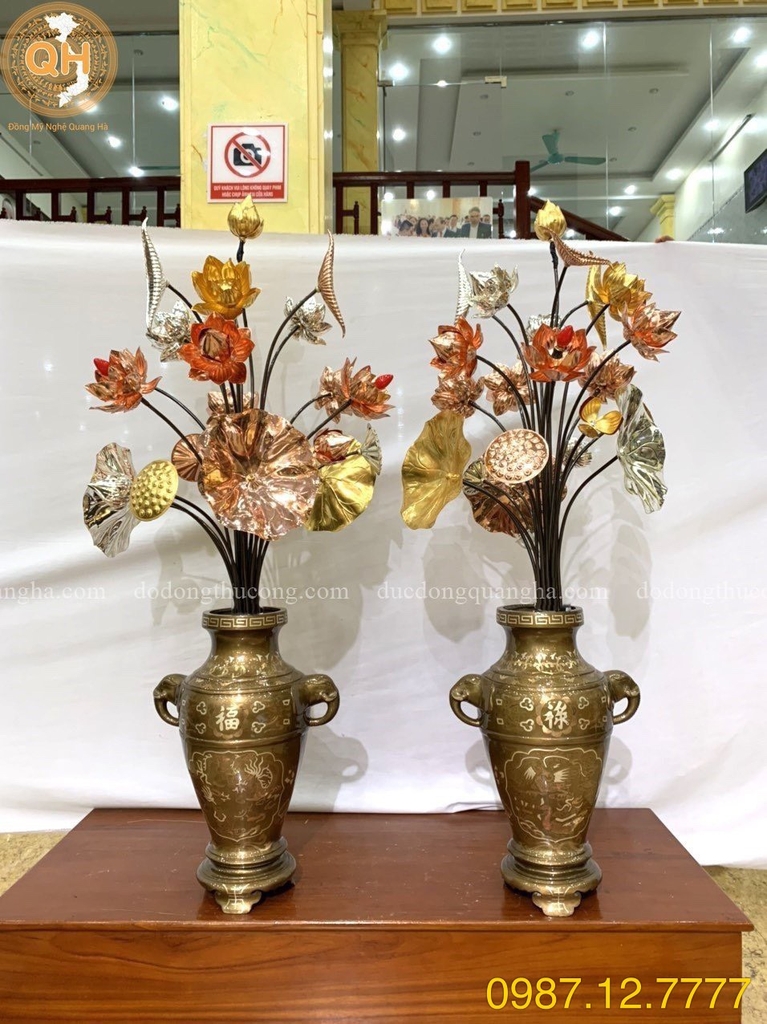 LỌ HOA TAI VOI ĐỒNG ĐỎ KHẢM TAM KHÍ