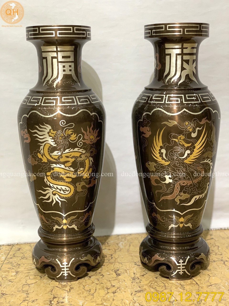 LỌ HOA ĐỒNG ĐỎ KHẢM NGŨ SẮC THÂN RỒNG VÀNG
