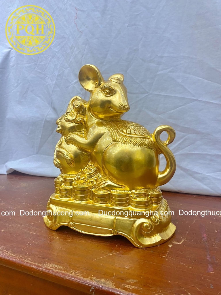 CHUỘT ÔM HỒ LÔ ĐÚC ĐỒNG ĐỎ ĐẶC THIẾP VÀNG 9999