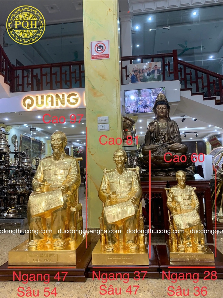 TƯỢNG BÁC HỒ NGỒI GHẾ MÂY ĐỒNG ĐỎ CÁC KÍCH THƯỚC DÁT VÀNG 9999