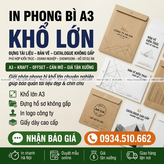 In Phong Bì A3, Khổ Lớn - Đựng Tài Liệu, Bản Vẽ, Catalogue Không Gấp