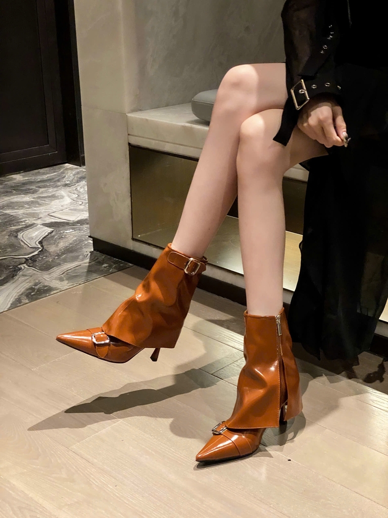 G008 (Bốt) Boots Yếm Cổ Thấp Nữ Phối Khuy Gót Nhọn Đẹp Thời Trang