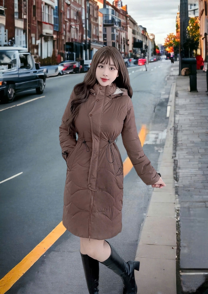 G9160 Áo Khoác Phao Nữ Siêu Nhẹ Dáng Dài Qua Gối Dày Ấm