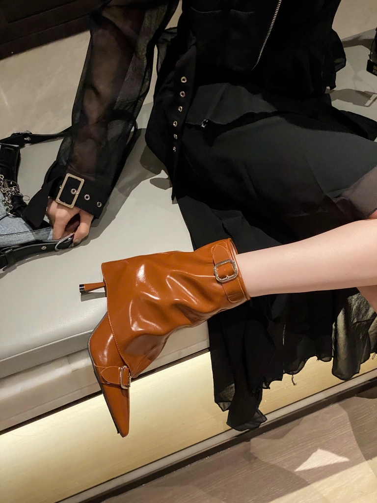 G008 (Bốt) Boots Yếm Cổ Thấp Nữ Phối Khuy Gót Nhọn Đẹp Thời Trang