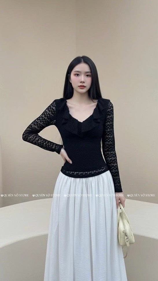 Áo ren ôm body cổ V bèo - Đen 1511