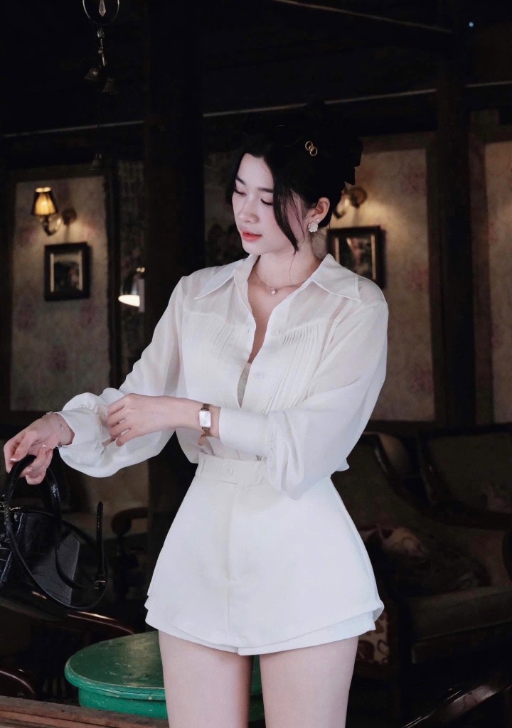 Set áo sơ mi trắng - bra ren