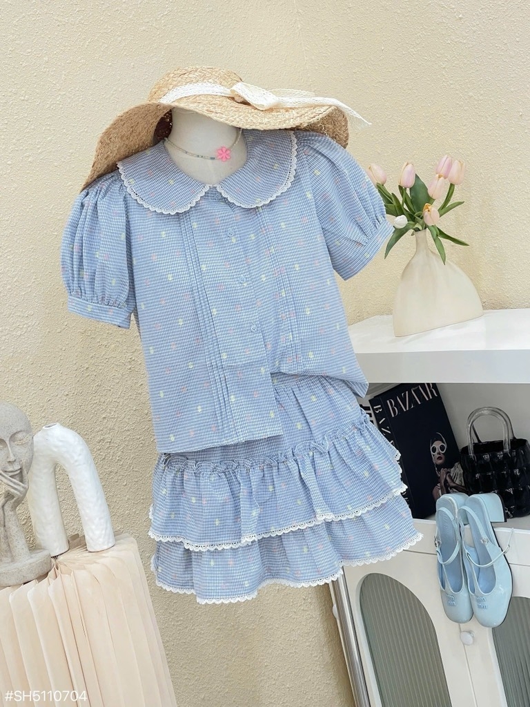 Set hoa nhí cổ sen chân váy - Xanh S