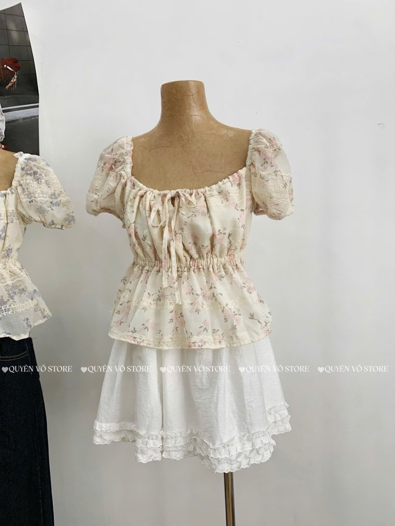 Áo nhún cổ vuông - Hoa hồng