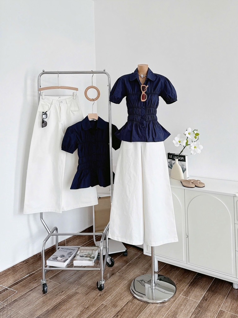Set áo nhún xanh đen quần jean trắng