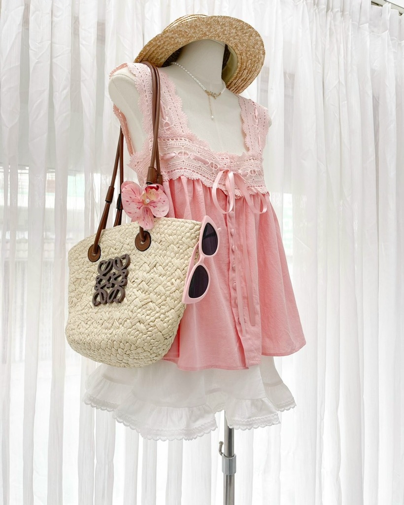 Set Babydoll áo ren hồng chân váy xòe  - S eo 64