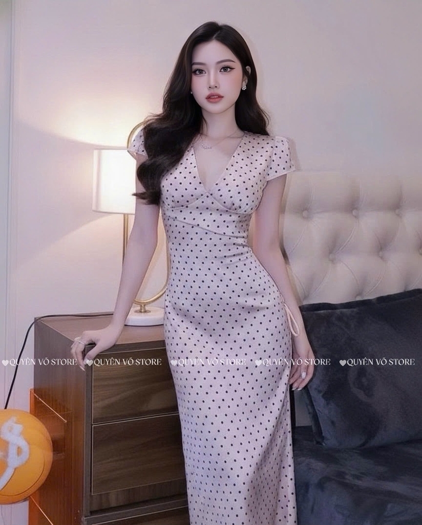 Đầm lụa cổ V - Chấm bi nâu tây