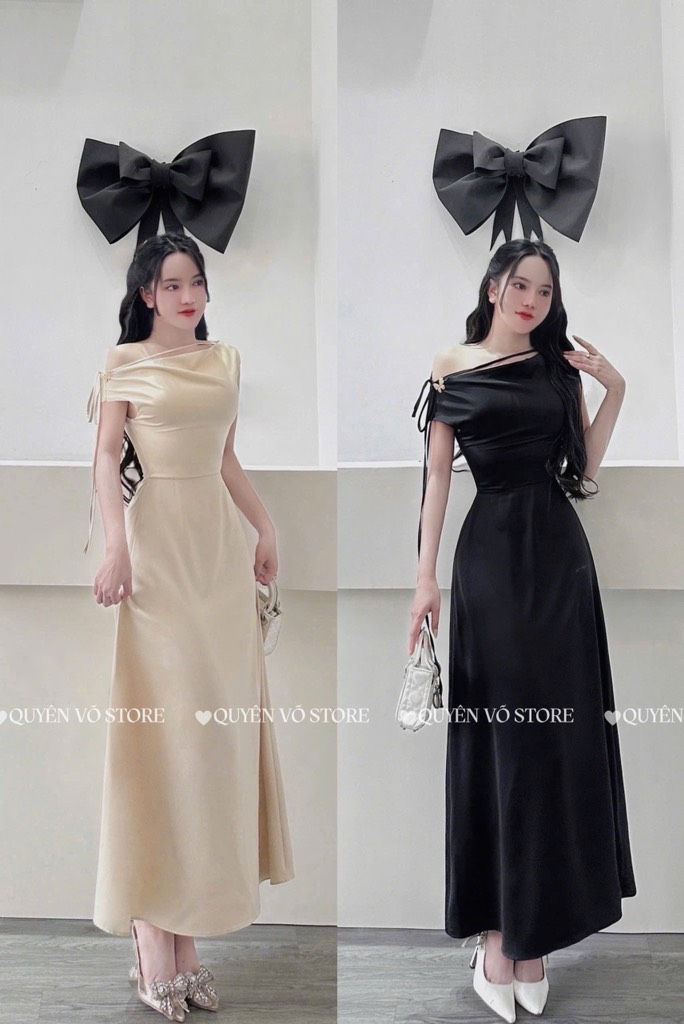 Đầm lụa lệch vai tag bướm - Đen