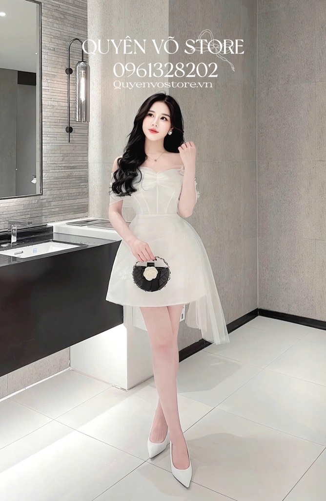 Đầm trễ vai lưới đính hoa - Trắng