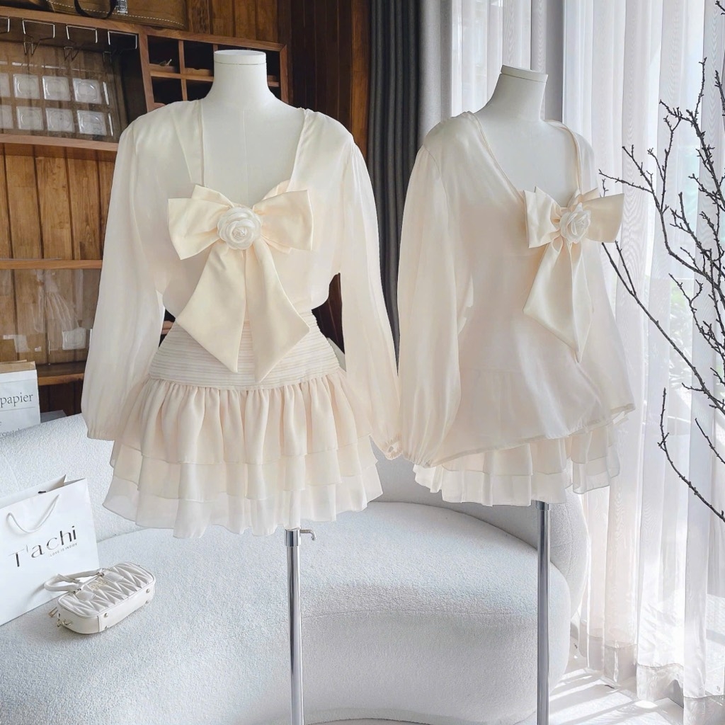 Set voan nude nơ ngực x chân váy tầng