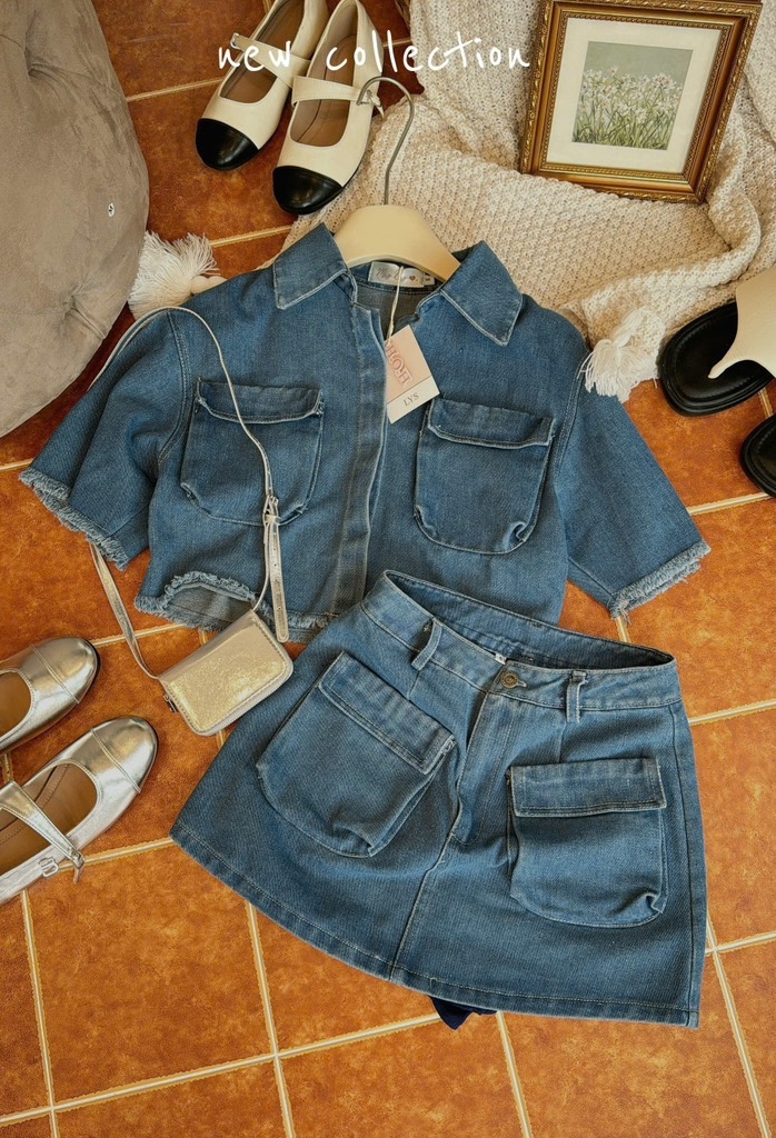 Set sơ mi jean tưa chân váy