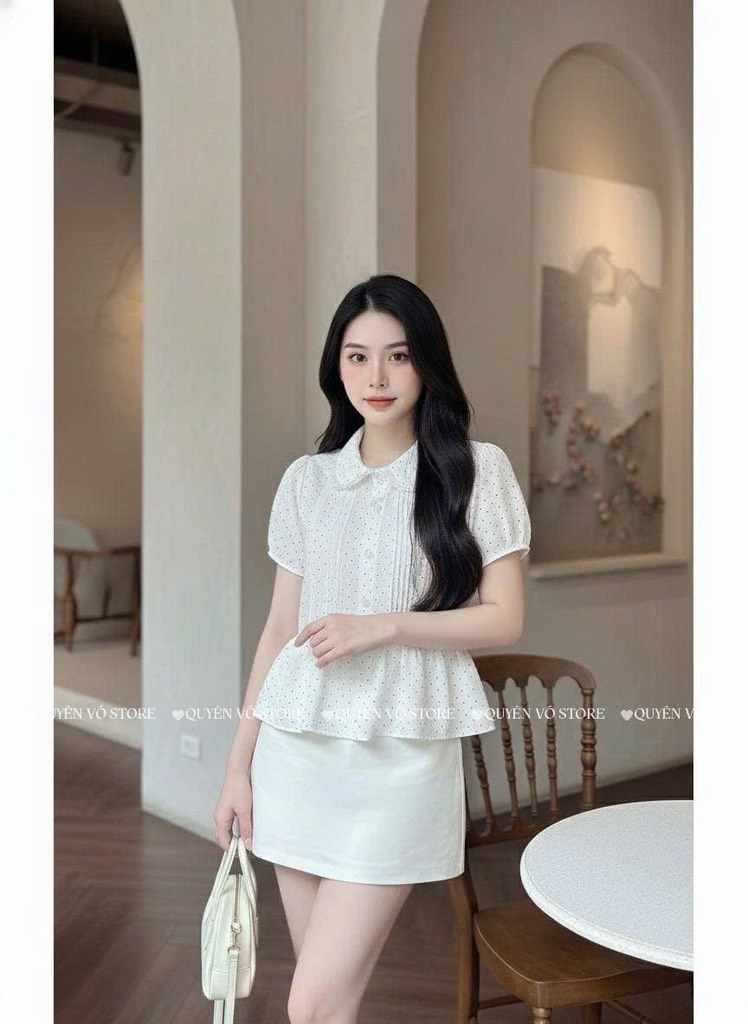 Áo sơ mi babydoll viền bi - Trắng 1465