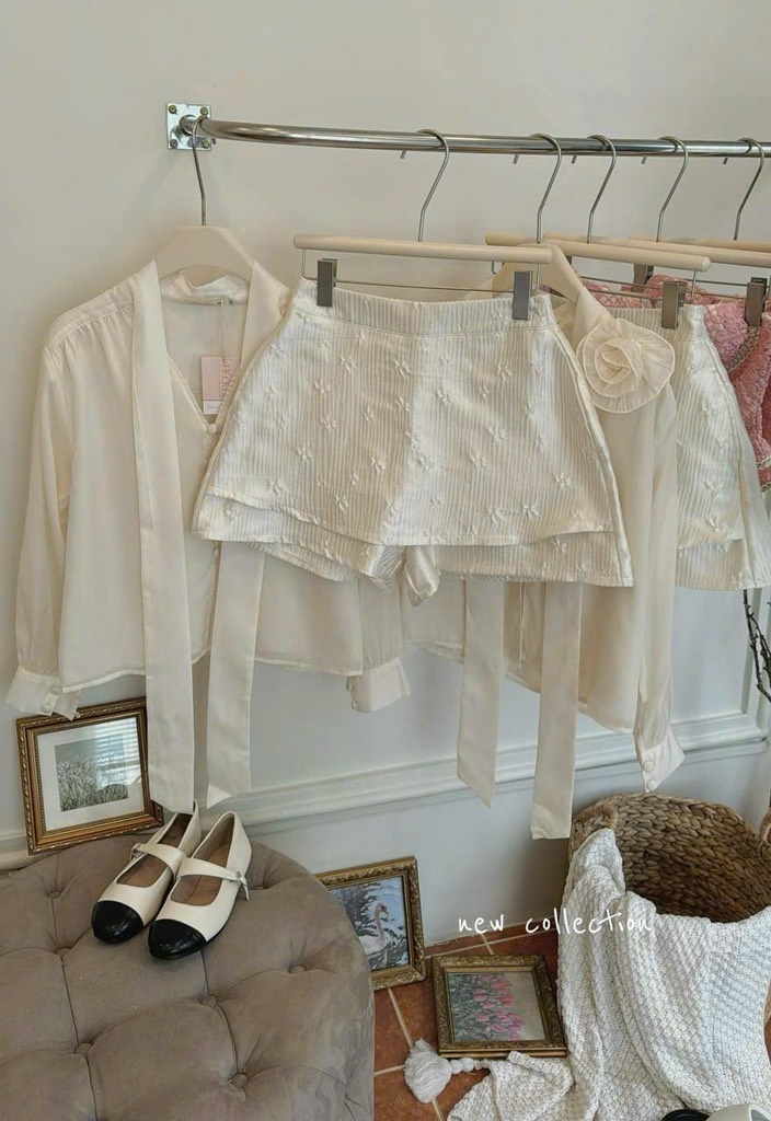 Set voan nude kết hoa vai thắt nơ cổ x chân váy ren
