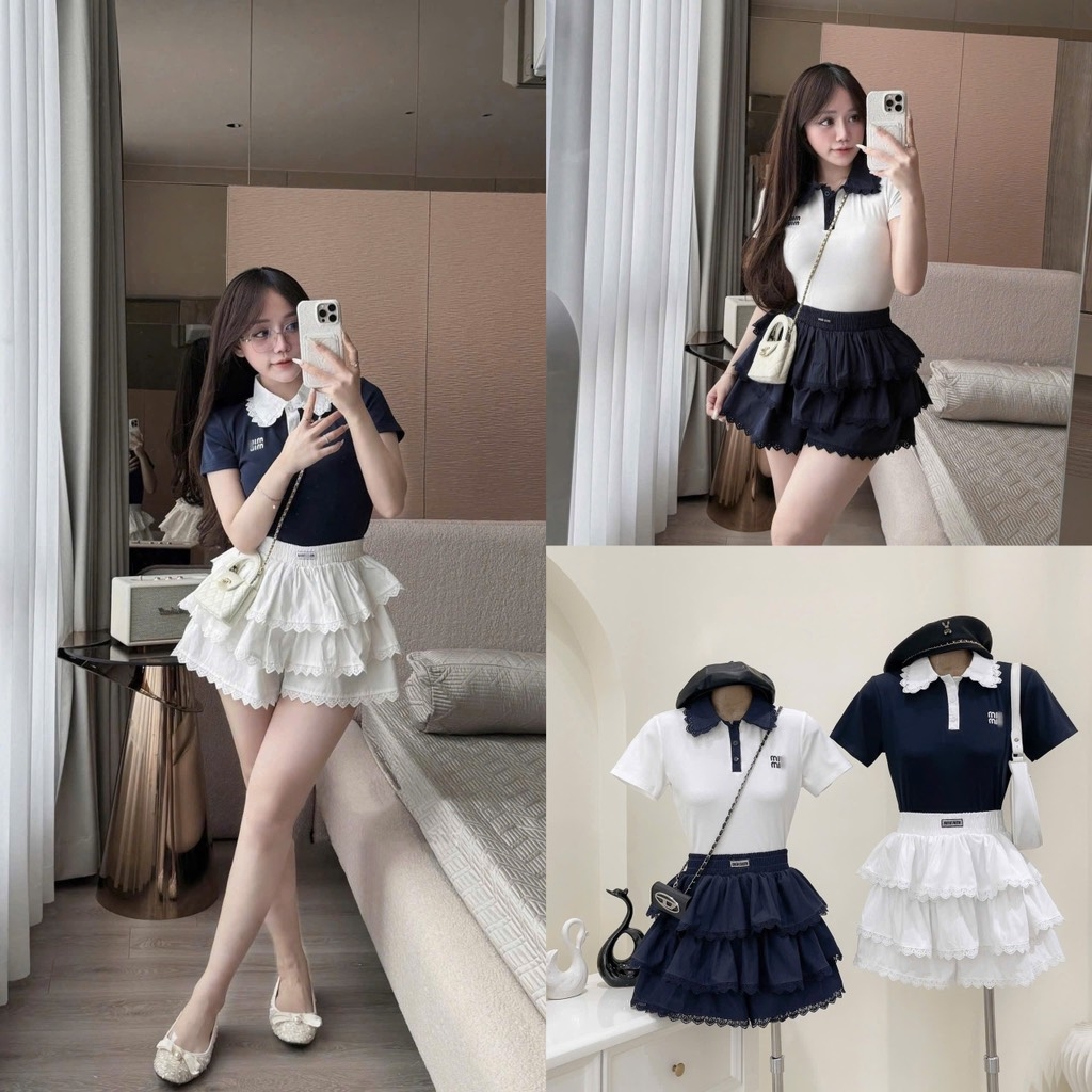 Set áo cổ polo chân váy tầng xòe - Đen
