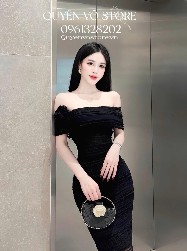 Đầm ôm body ren trễ vai - Đen