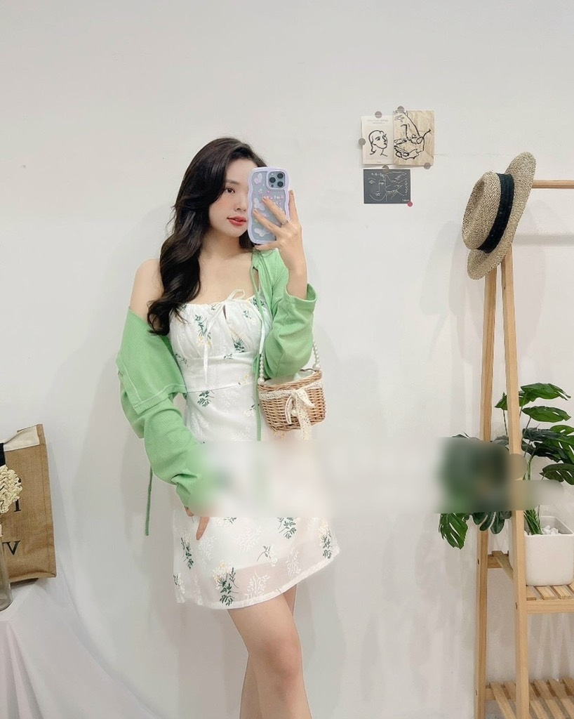 Set đầm hoa xanh 2 dây