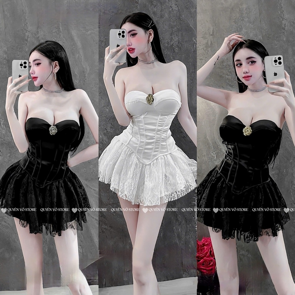 Set quây lụa chân váy ren - Trắng