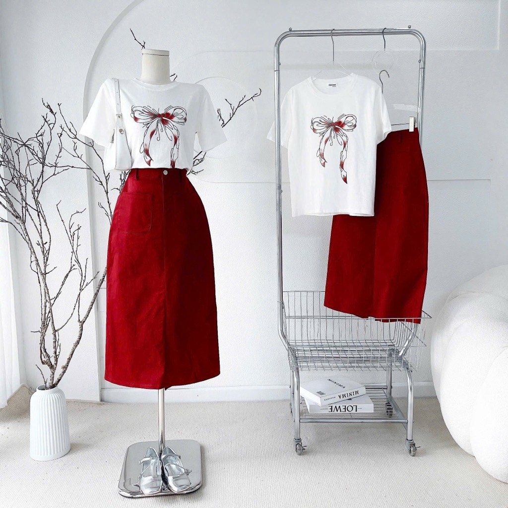 Set áo thun in x chân váy dài đỏ