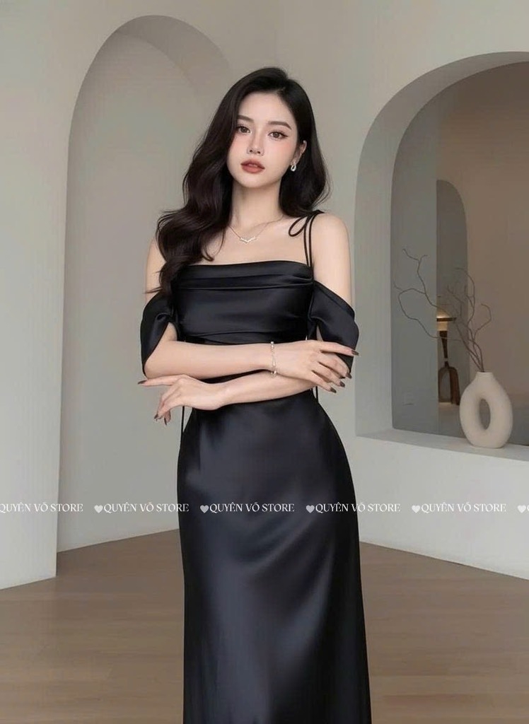 Đầm lụa trễ vai cột dây - ĐEN