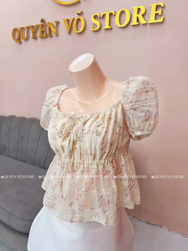 Áo nhún cổ vuông - Hoa hồng