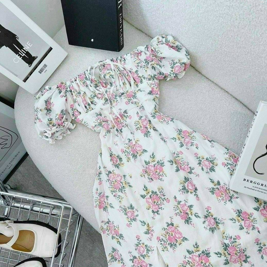 Đầm hoa maxi nhíu ngực xẻ đùi
