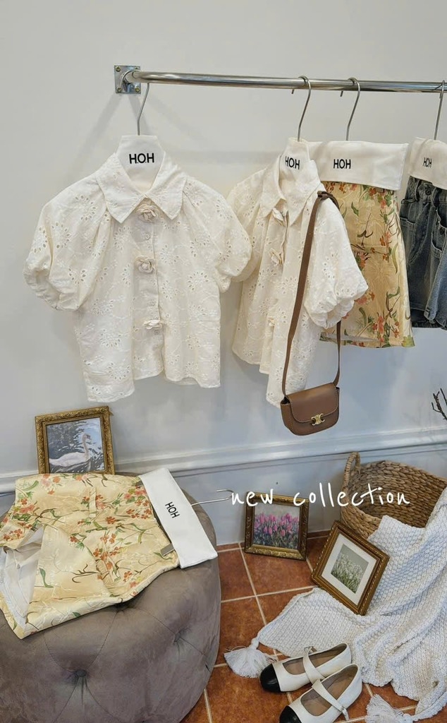 Set áo trắng ren hoa quần gấm
