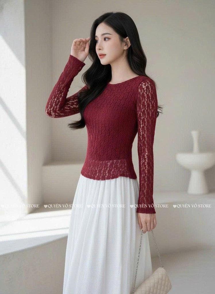 Áo ren ôm body cổ tròn tay dài - Đỏ 1505