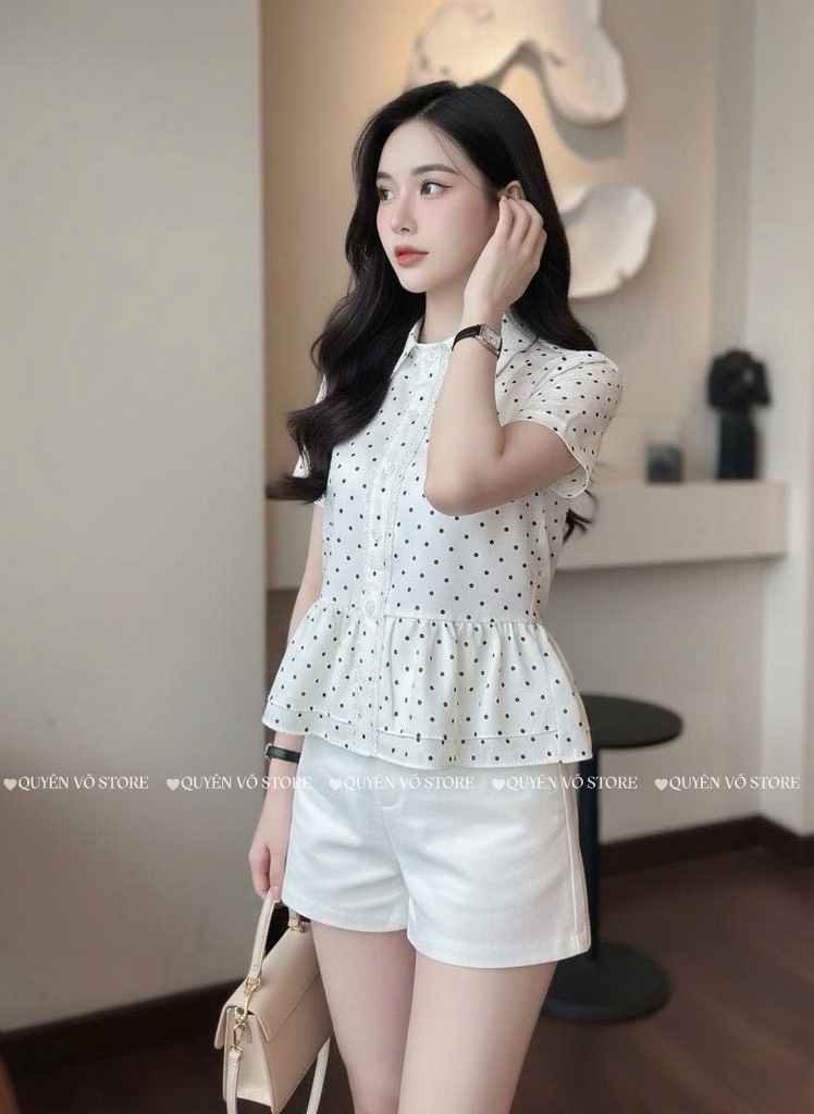 Áo sơ mi babydoll chấm bi trắng - cổ nhọn 1462