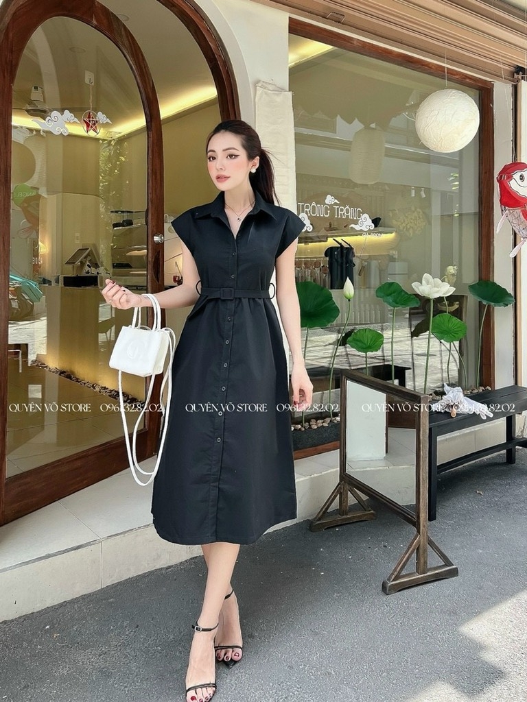 Đầm kate kèm belt cánh dơi - M