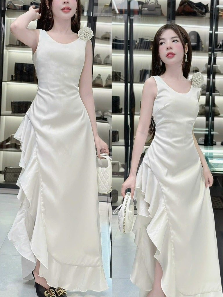Đầm maxi lụa cúp ngực nơ vai
