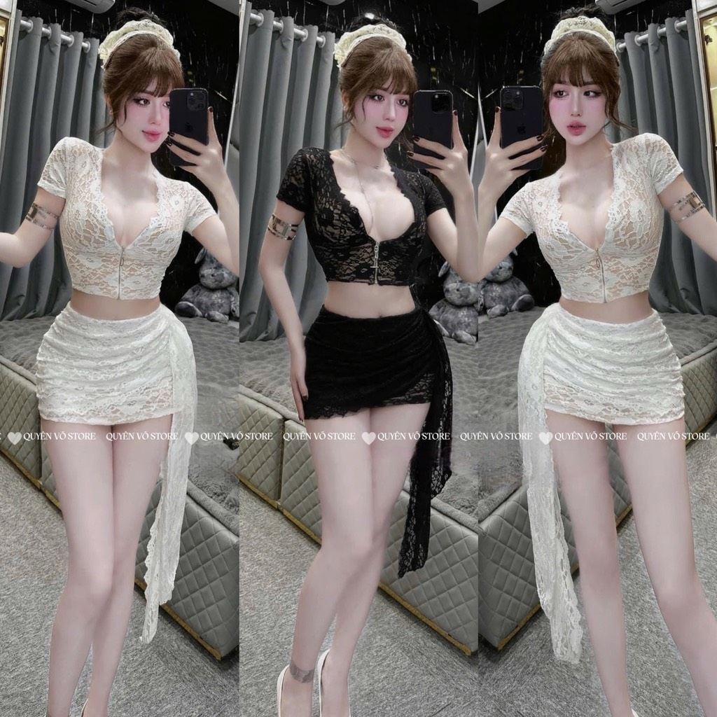 Set ren chân váy vạt - Trắng