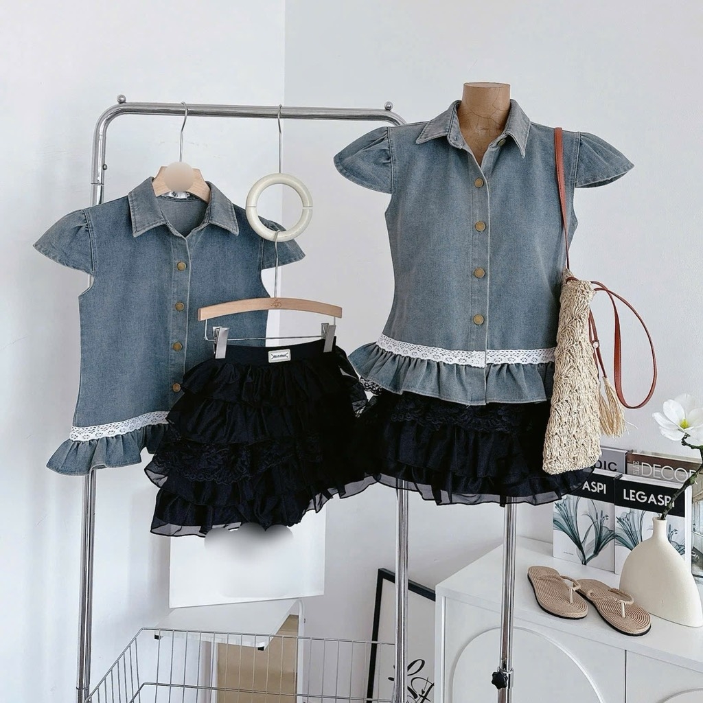 Set áo jean lai bèo chân váy tầng