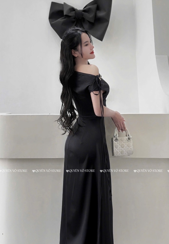 Đầm lụa lệch vai tag bướm - Đen