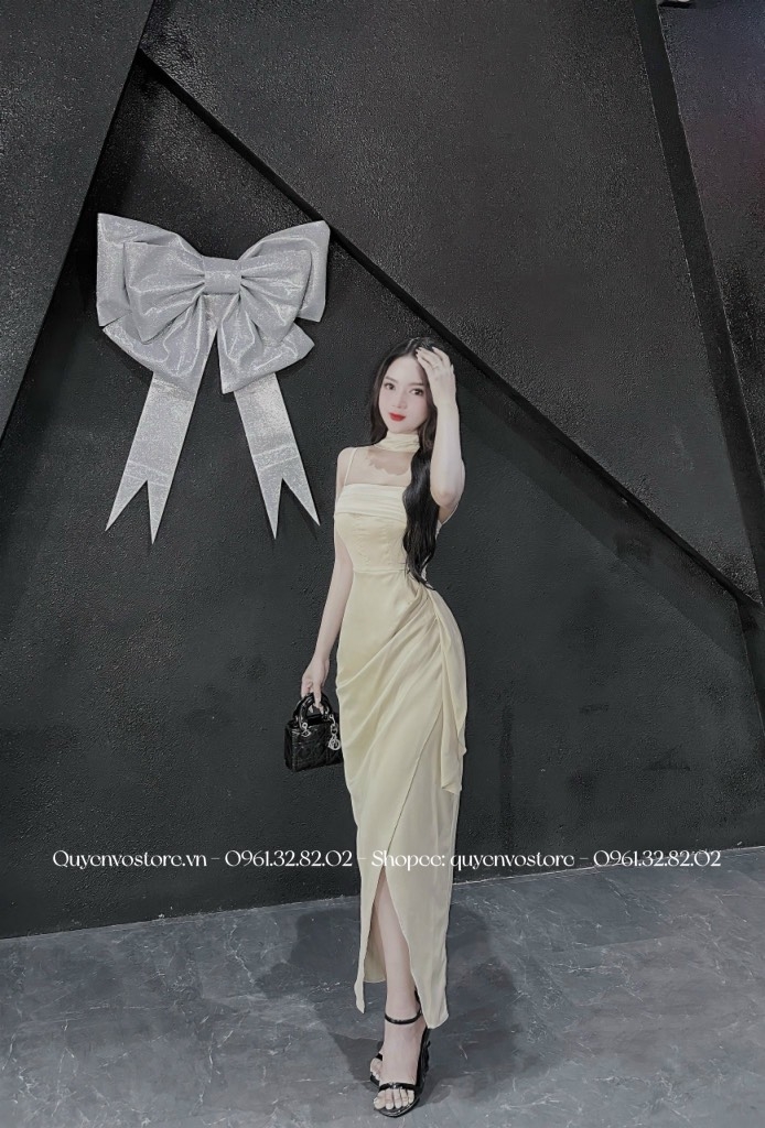 Đầm lụa 2 dây tà xếp li ngực đáp cổ