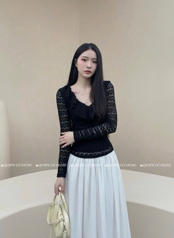 Áo ren ôm body cổ V bèo - Đen 1511