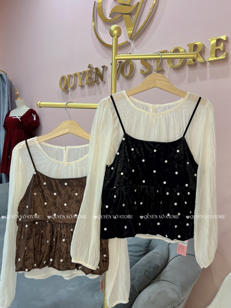 Set áo sơ mi lụa kèm áo 2 dây nhung