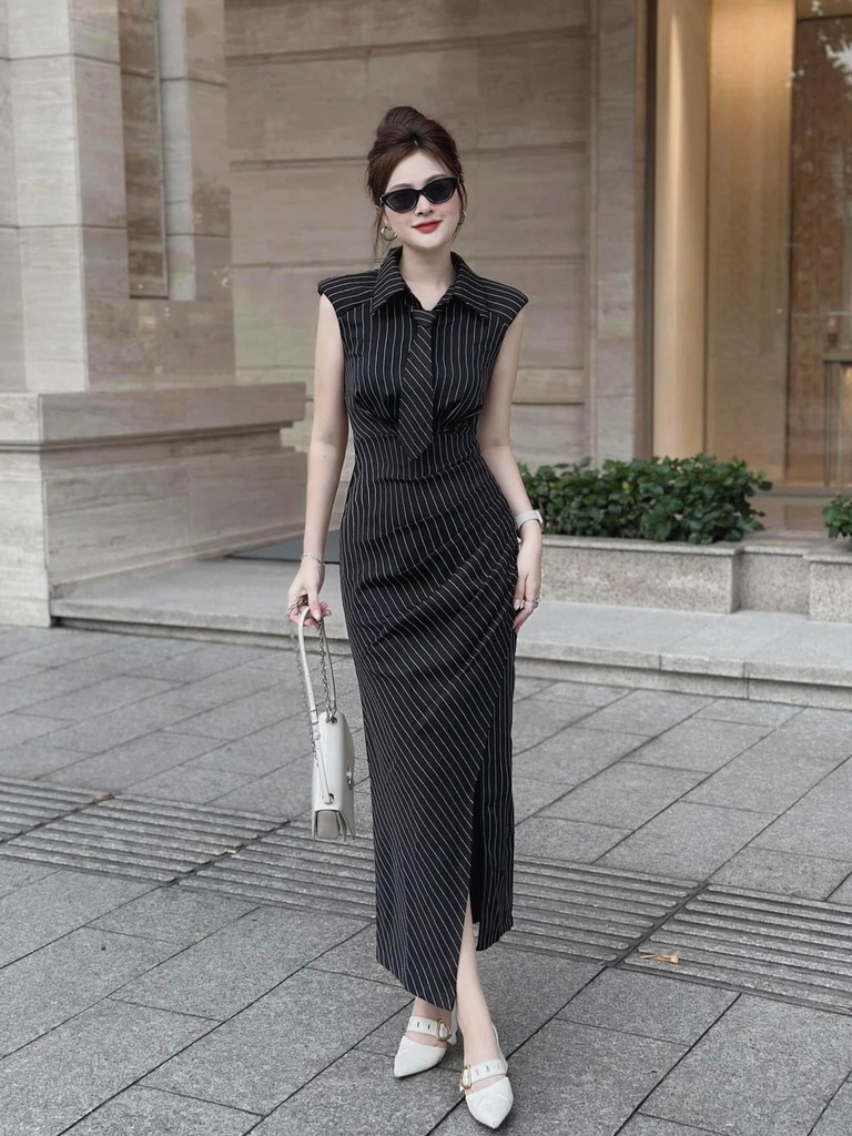 Đầm midi sọc đen cổ sơ mi vạt đắp