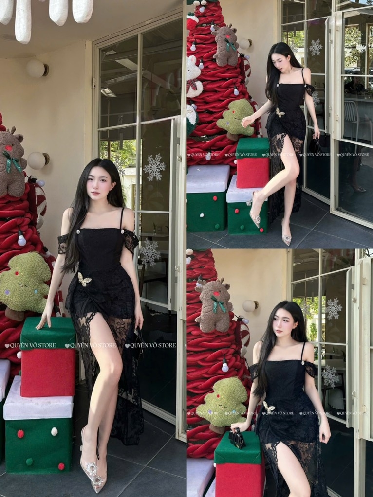 Đầm ren ôm body trễ vai - Đen