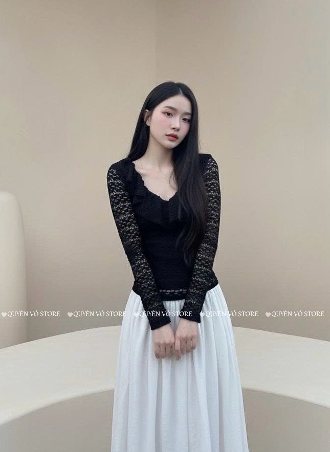 Áo ren ôm body cổ V bèo - Đen 1511