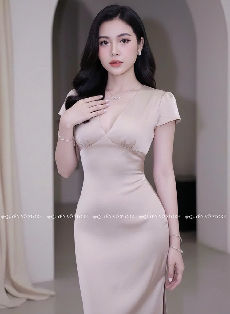 Đầm lụa cổ V - NÂU TÂY